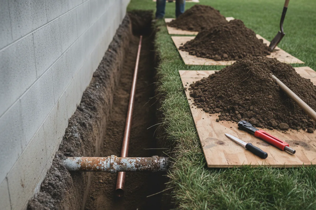 Excavated water line trench during Water Softener Installation in Westfield